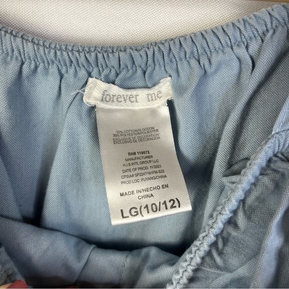 Forever Me Light Blue Denim Lace Ruffle Button Front Short Sleeve L - Picture 4 of 4